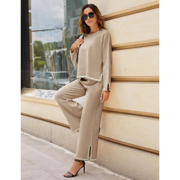 Women's Khaki Long Sleeve Knit Sweater Top & Wide Leg Pants Lounge Set - Picture 5 of 6